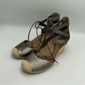 Vionic Aruba Calypso Espadille Wedge Sandals Leather Size 8 Lace Up Pewter